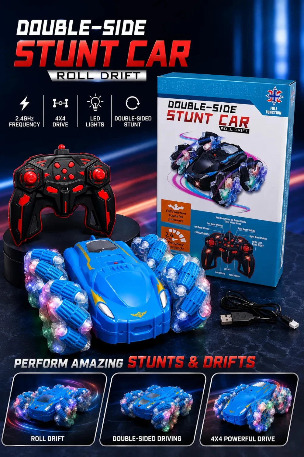 Remote Control Battery Operated Double-Side Stunt Car Roll Drift - City Toys