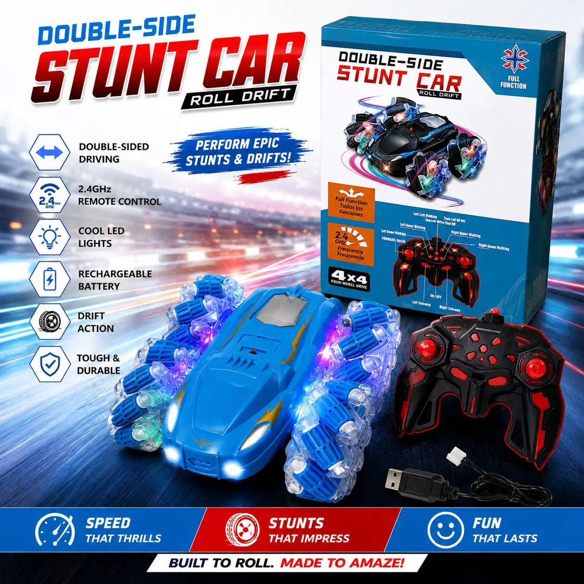 Remote Control Battery Operated Double-Side Stunt Car Roll Drift - City Toys
