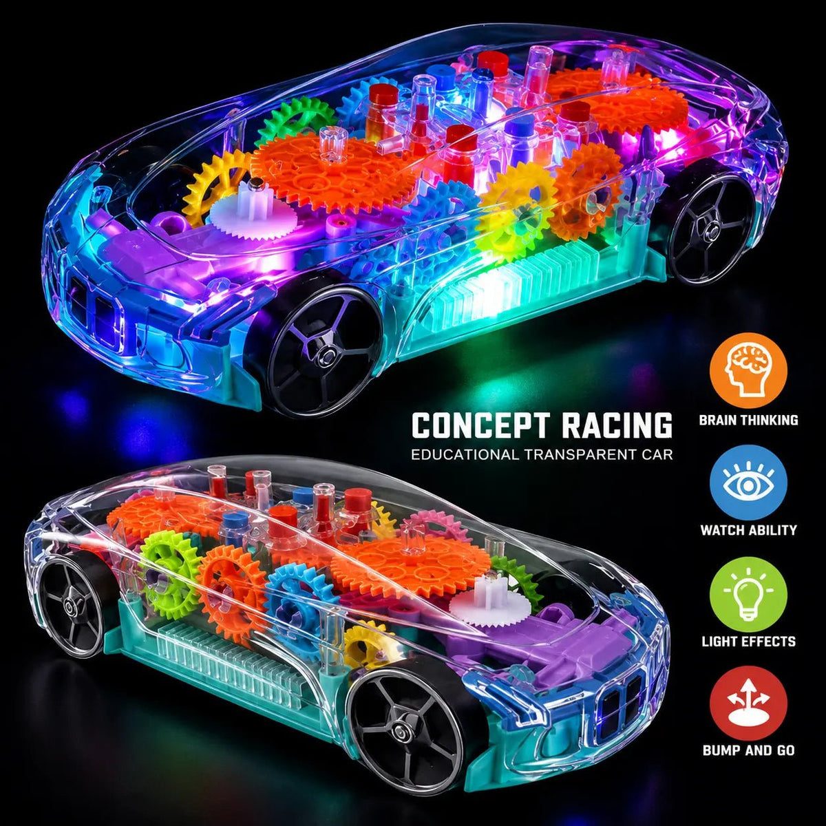 Transparent 3D Gear Car Toy | Light & Sound Educational Racing Car - City Toys
